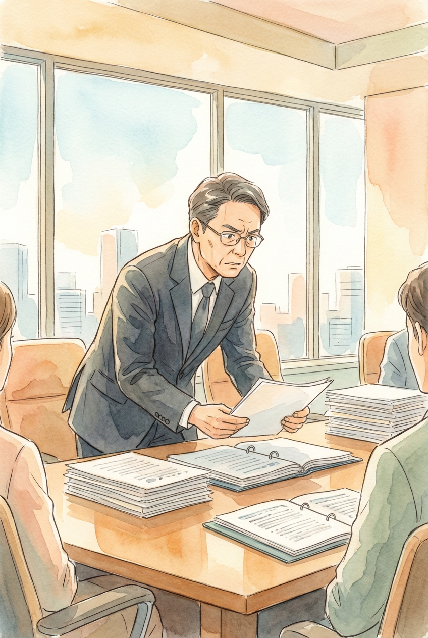 社外役員の役割や責任範囲を資料で確認しながら整理している様子を表した挿絵