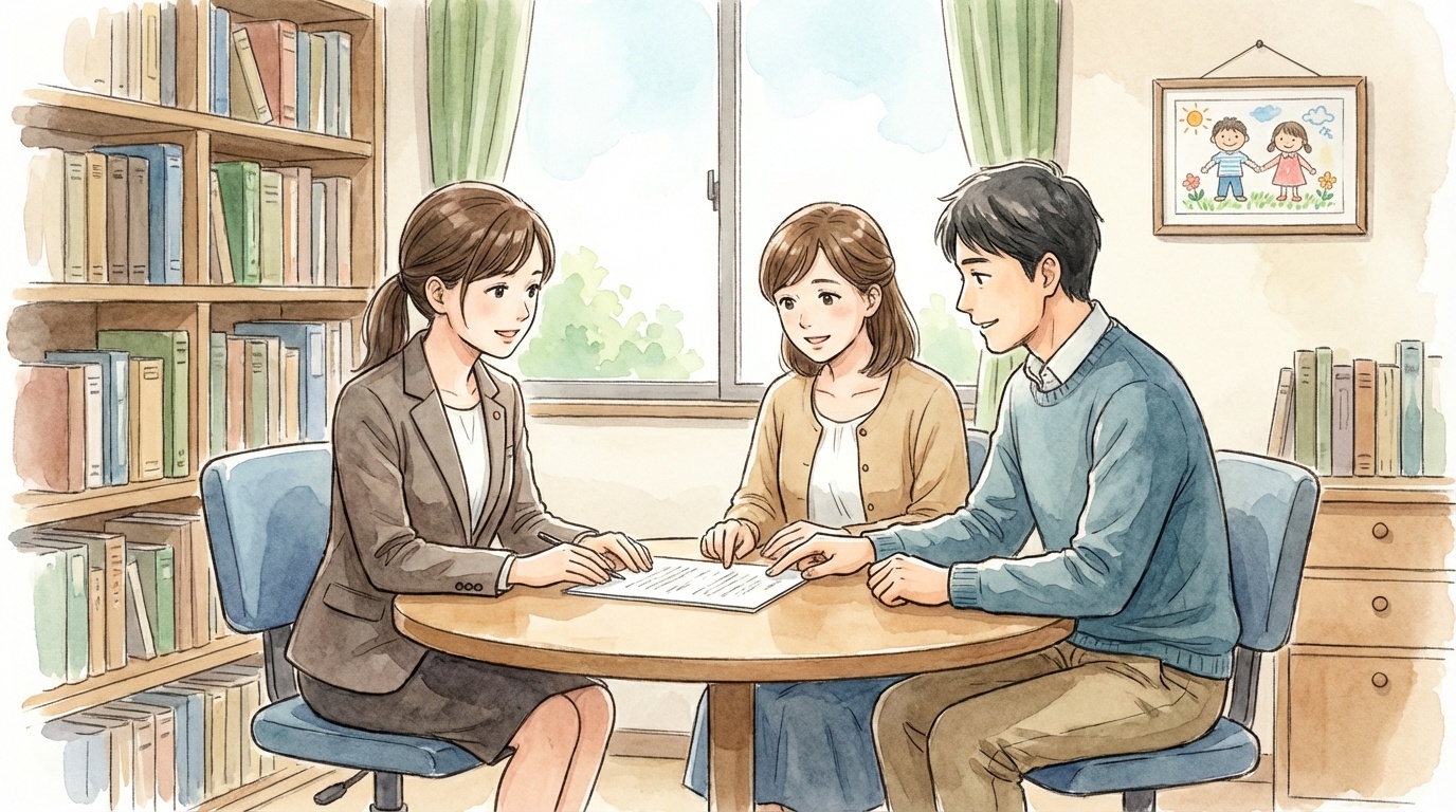 面会交流はできるだけ合意で進めるべきという観点から、離婚後の親子の関わり方を落ち着いて話し合っている法律相談の場面