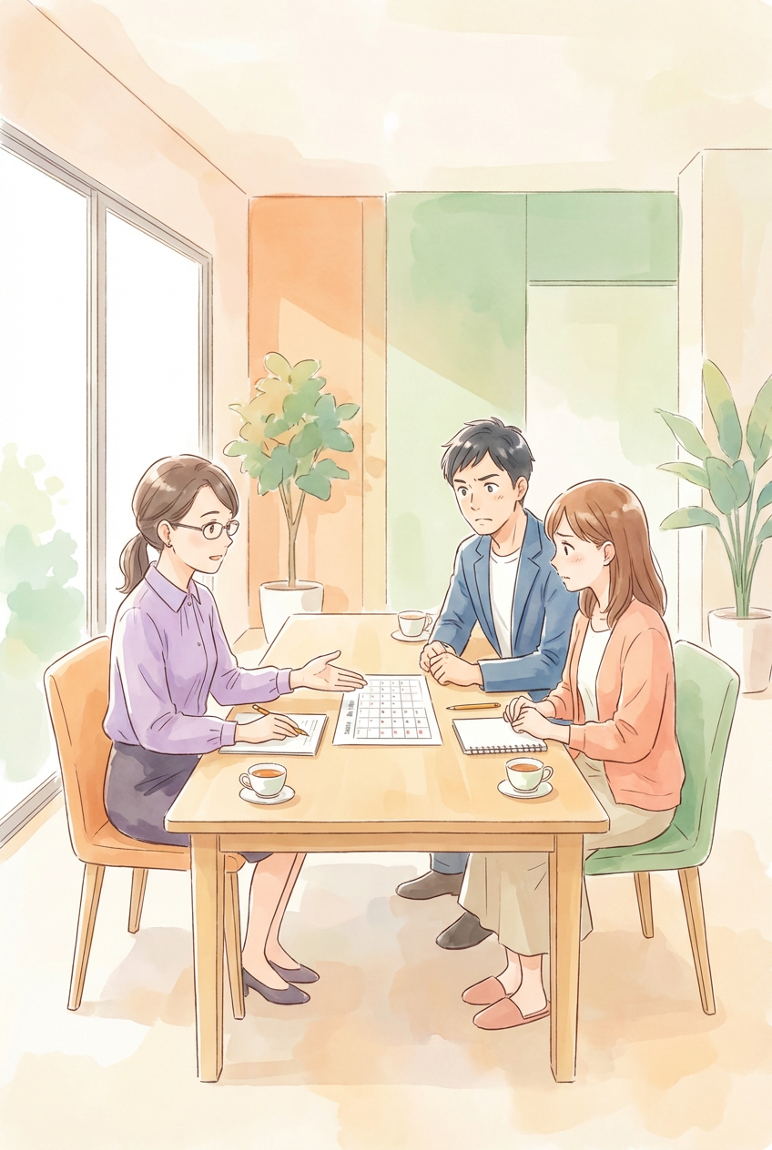 面会交流の条件や子どもへの配慮を整理しながら、合意に向けて話し合っている様子を表した挿絵