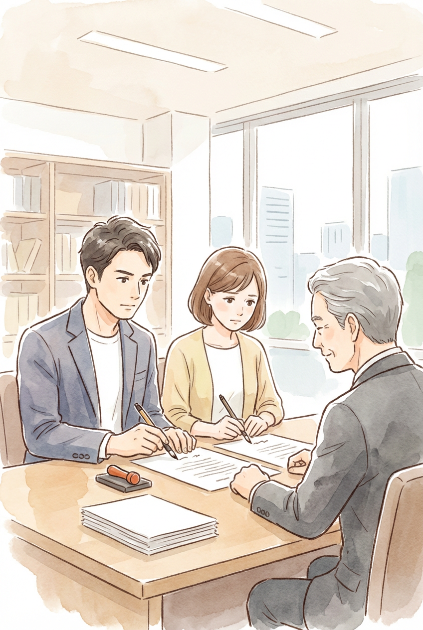 公正証書に記載する内容や法的効果を資料で確認しながら整理している様子を表した挿絵