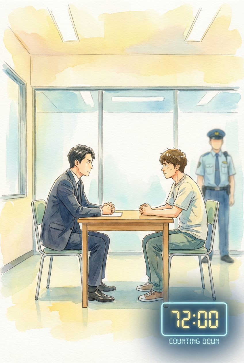 示談の進め方や被害者対応の資料を確認しながら、刑事事件での示談を整理している様子を表した挿絵