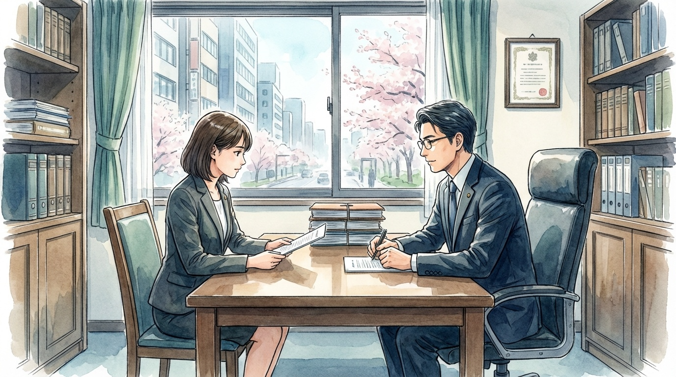 一審判決後に代理人を変更する場面で、判決文や控訴の方針を確認しながら慎重に相談している法律相談の場面