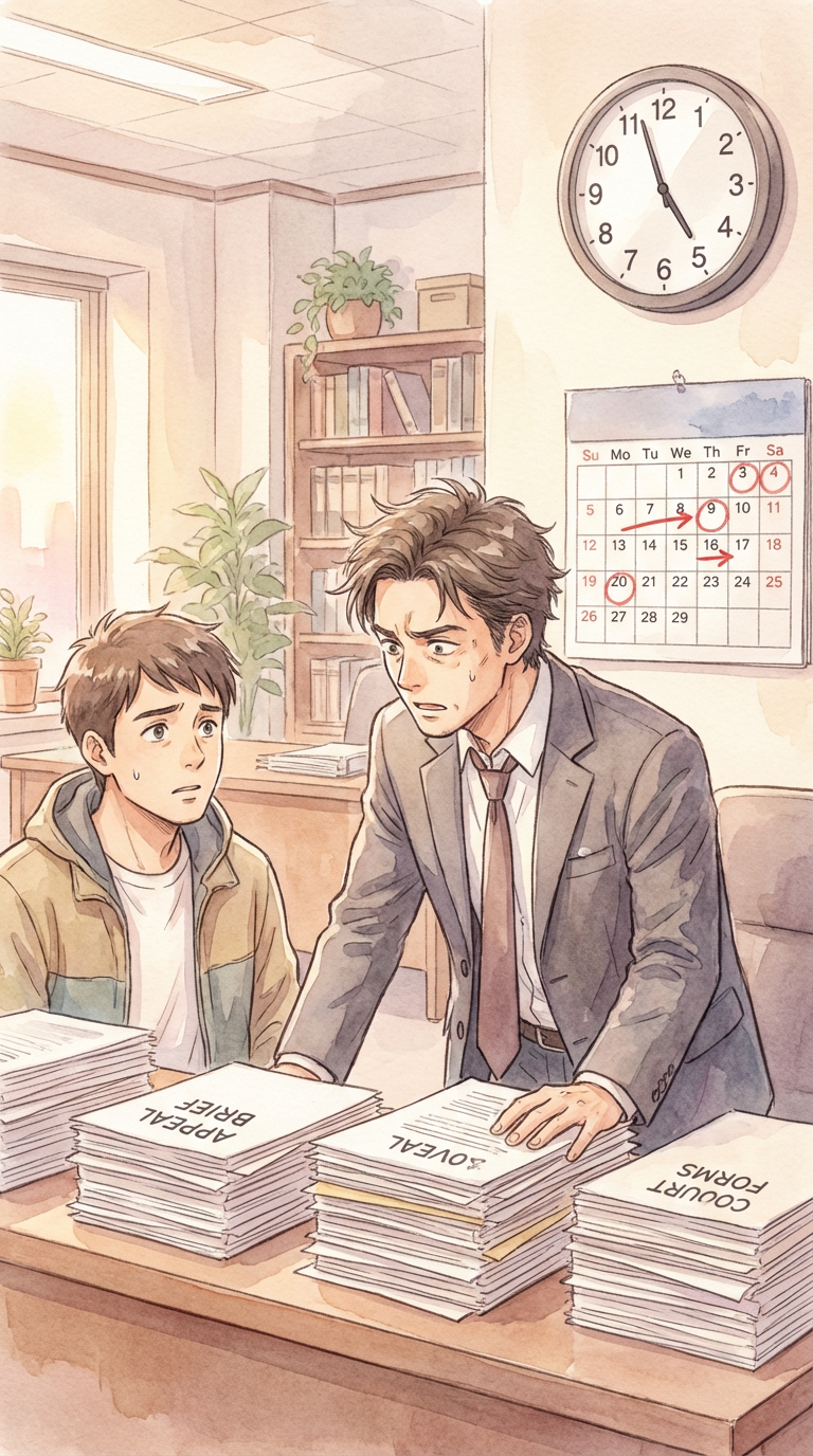 判決文や訴訟資料を見ながら、控訴と代理人変更の方針を整理している様子を表した挿絵