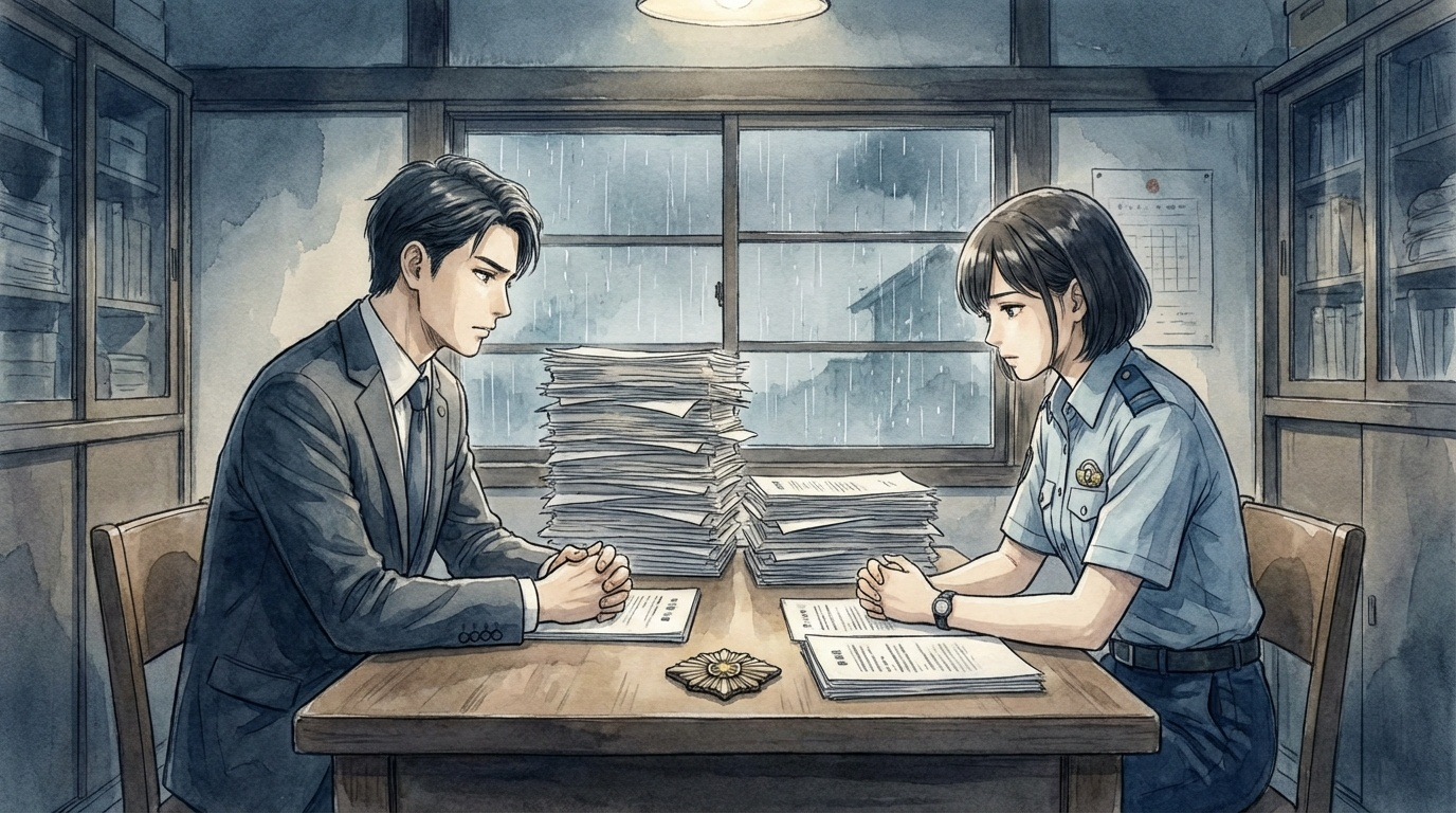 刑事告訴の難しさについて、証拠や告訴状案を確認しながら慎重に検討している法律相談の場面