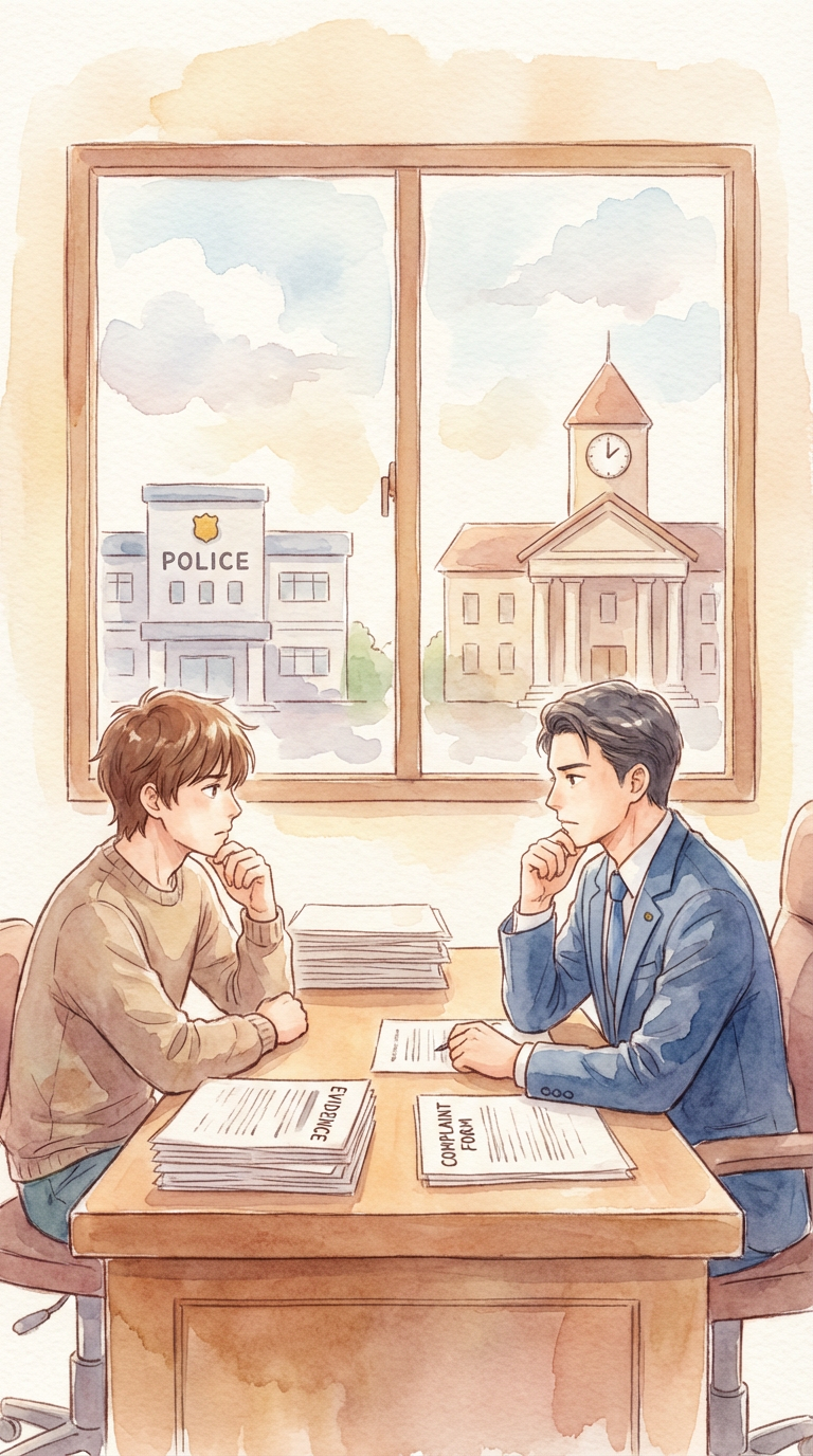 証拠資料や告訴状の内容を見ながら、刑事告訴の可否を整理している様子を表した挿絵