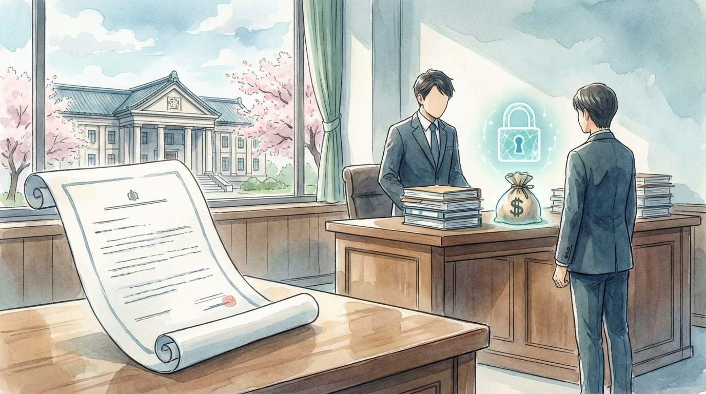 仮差押えの必要性について、財産保全や回収可能性を資料で確認しながら慎重に検討している法律相談の場面