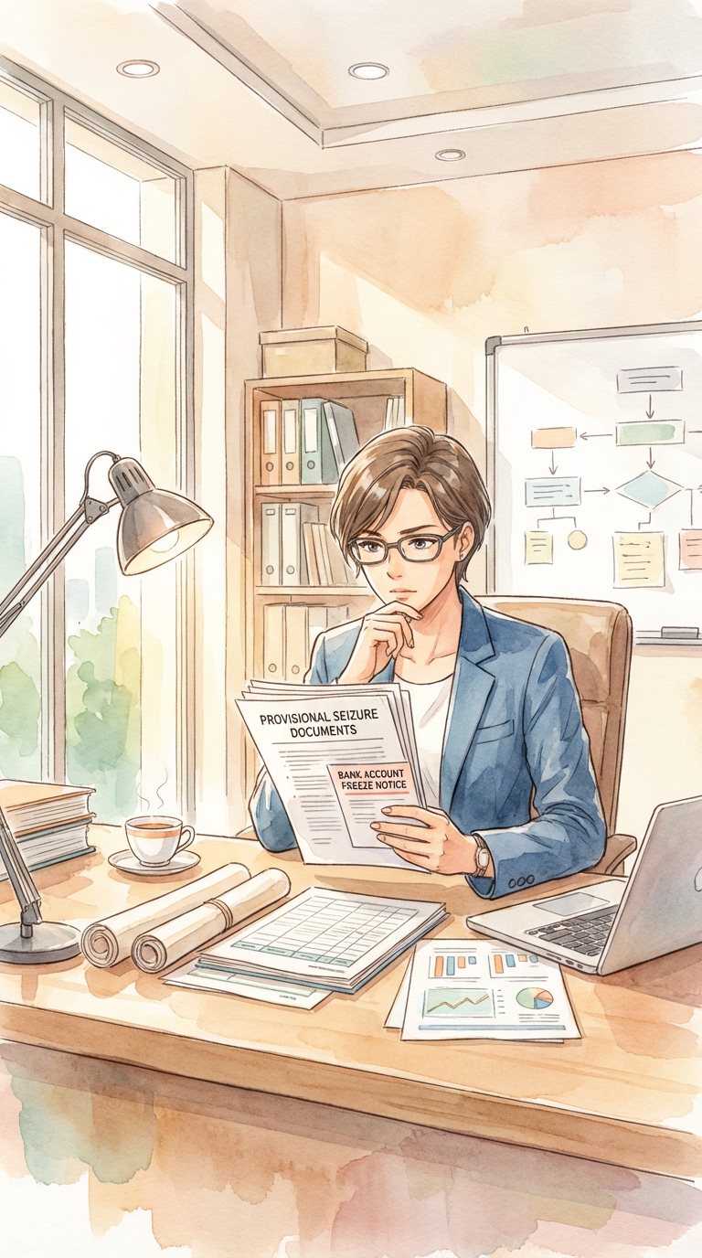 財産保全や回収見込みの資料を確認しながら、仮差押えの進め方を整理している様子を表した挿絵