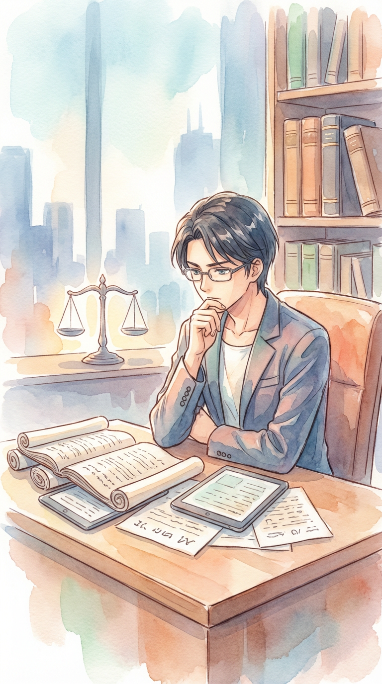 証拠資料や供述の内容を見比べながら、真実と事実認定の違いを整理している様子を表した挿絵