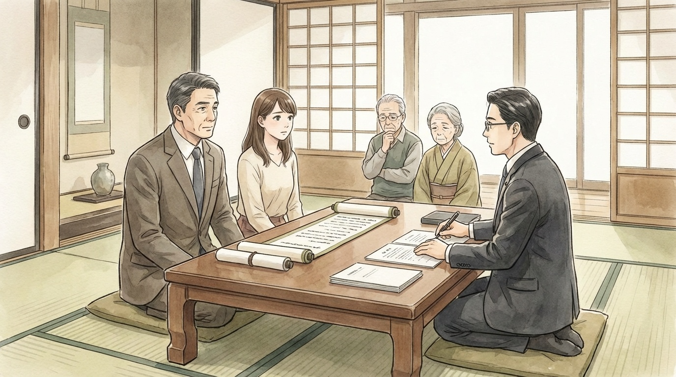 相続放棄の注意点について、戸籍や財産資料を確認しながら期限や効果を慎重に検討している法律相談の場面