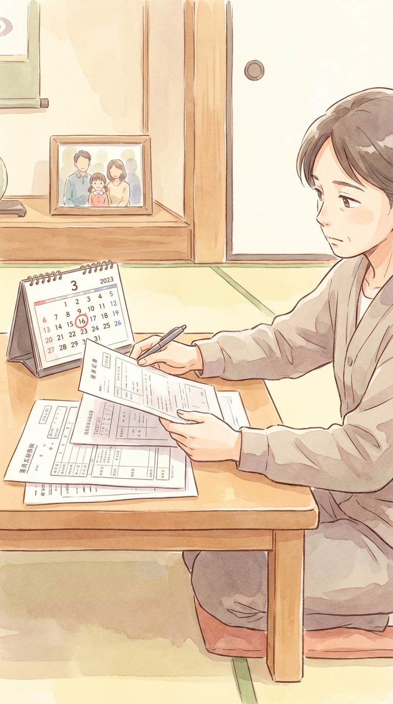 戸籍や財産関係の資料を見ながら、相続放棄の手続と注意点を整理している様子を表した挿絵