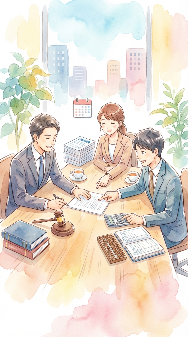 複数の専門分野の資料を見ながら、どの専門家に相談すべきか整理している様子を表した挿絵