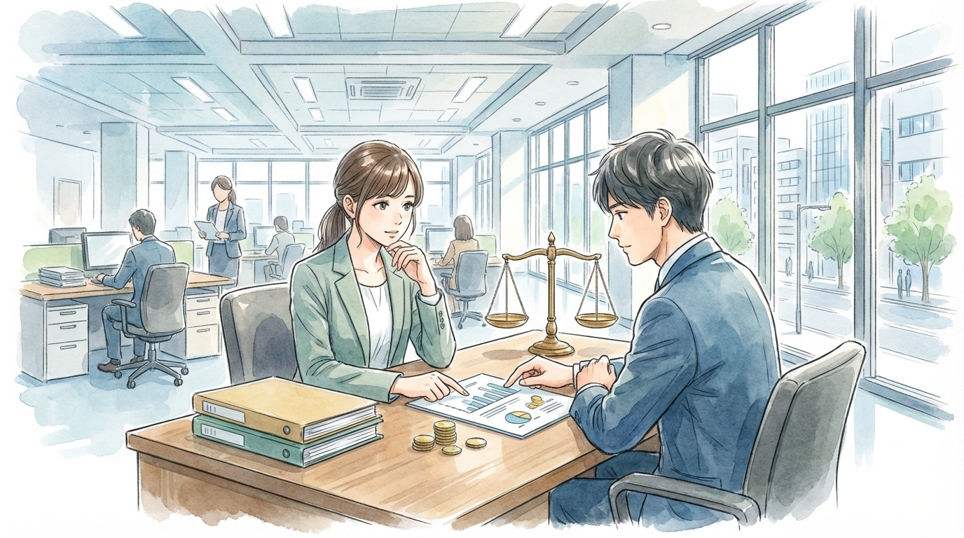 最低賃金に関する問題について、賃金資料や労働条件を確認しながら適法な対応を慎重に検討している法律相談の場面