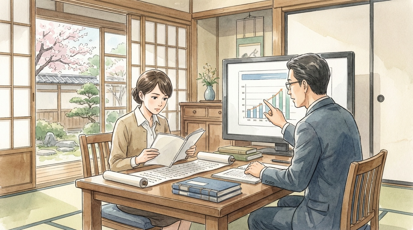 経過報告書をしっかり確認する大切さについて、報告書や事件の進捗資料を見ながら内容を慎重に確認している法律相談の場面