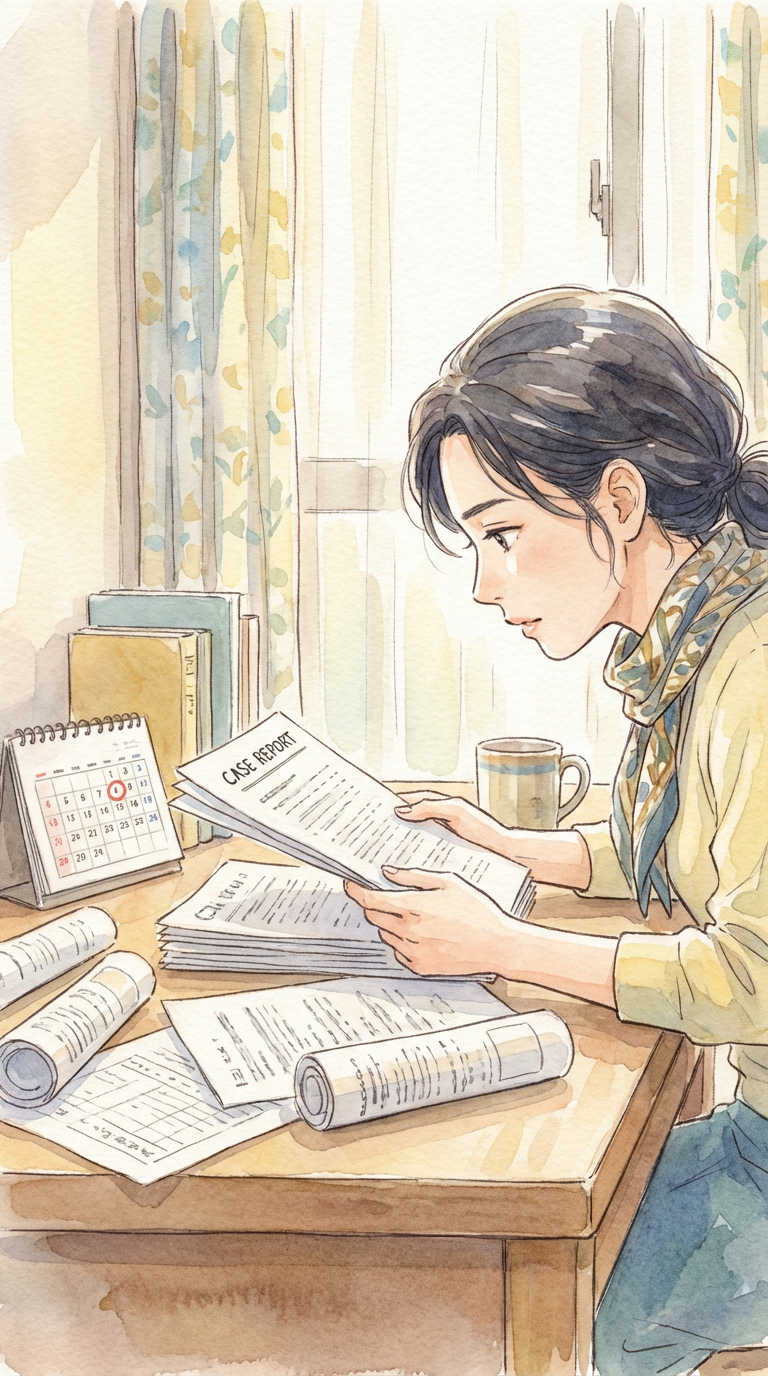 経過報告書や進捗資料を見ながら、事件の進み方を整理している様子を表した挿絵