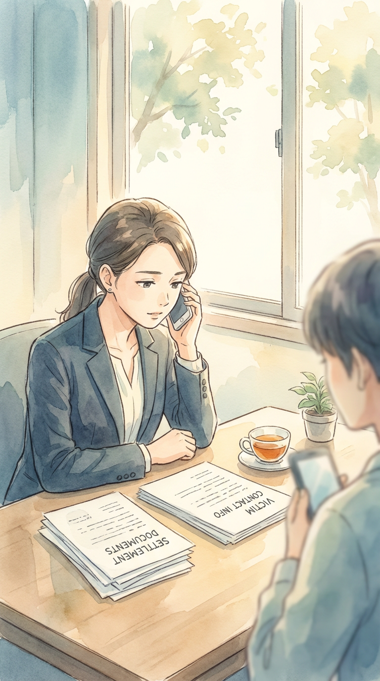 示談の進め方や被害者対応の資料を見ながら、刑事事件での示談を整理している様子を表した挿絵