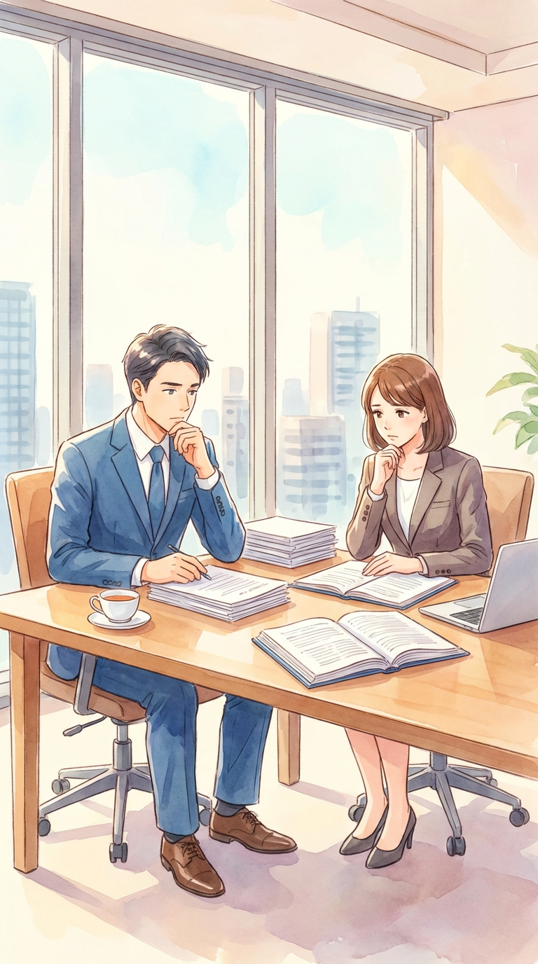 条文や事情を照らし合わせながら、法的根拠の有無を整理している様子を表した挿絵