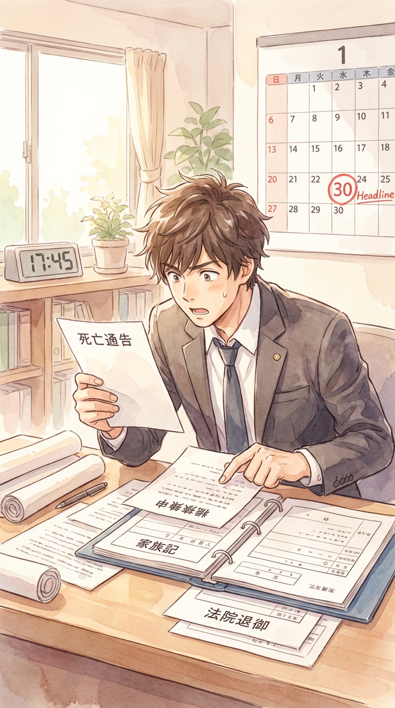 相続関係や訴訟資料を見ながら、相続放棄が裁判に与える影響を整理している様子を表した挿絵