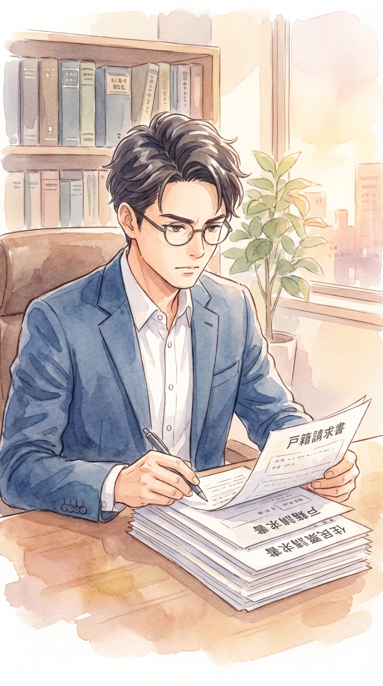 職務上請求書や本人確認資料を見ながら、適切な利用方法を整理している様子を表した挿絵