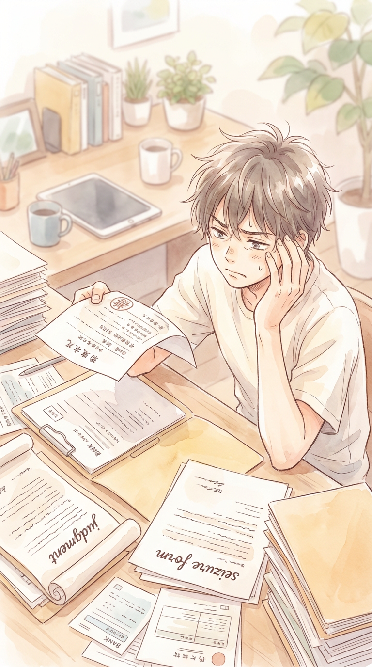 判決書や執行手続の資料を見ながら、勝訴後の回収方法を整理している様子を表した挿絵