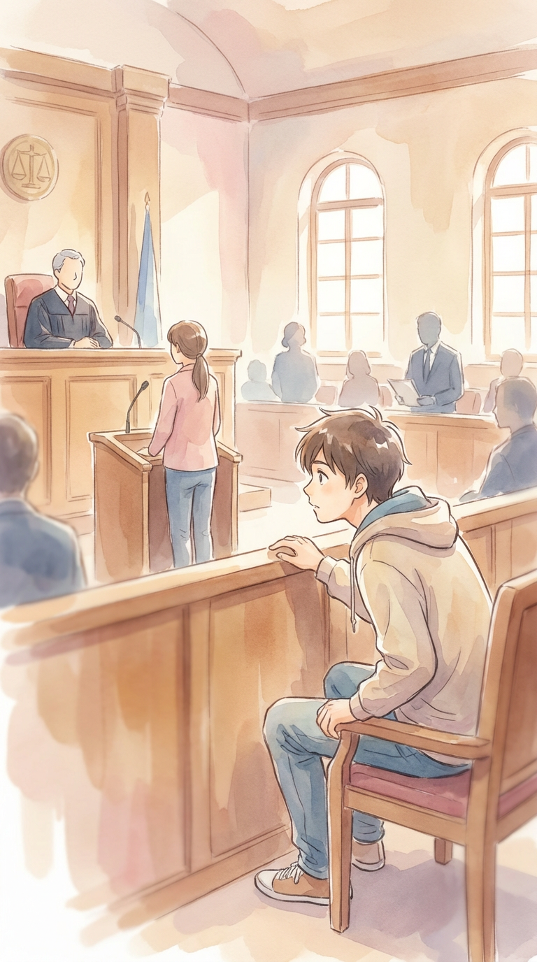 法廷案内や傍聴の注意事項を見ながら、裁判傍聴の流れを整理している様子を表した挿絵