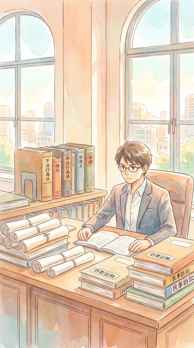 送金記録やメッセージなどの証拠を見ながら、詐欺の故意の立証を整理している様子を表した挿絵