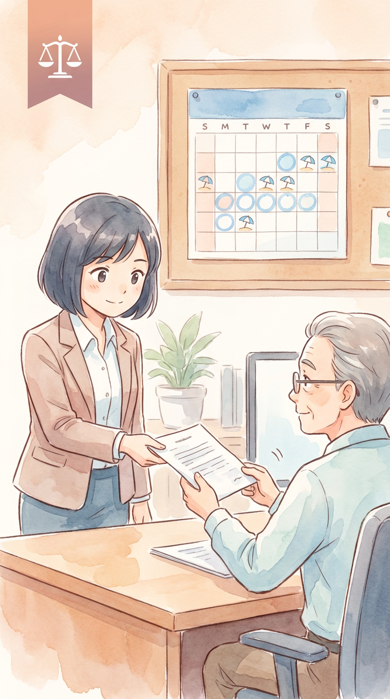 有給休暇の申請方法や会社への伝え方を資料で確認しながら整理している様子を表した挿絵