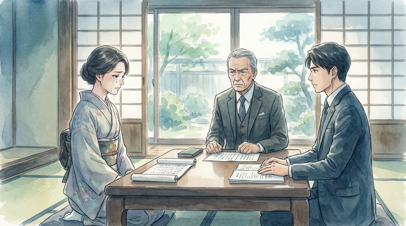 夫に遺産は渡したくないが離婚はしたくないという悩みについて、相続や夫婦関係の資料を確認しながら慎重に検討している法律相談の場面
