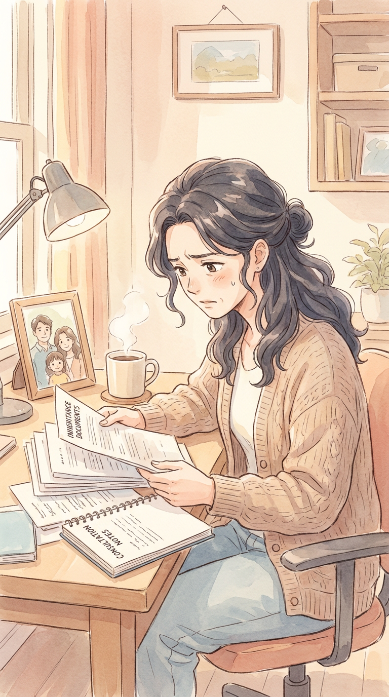 相続関係や夫婦関係の資料を見ながら、遺産を巡る今後の選択肢を整理している様子を表した挿絵