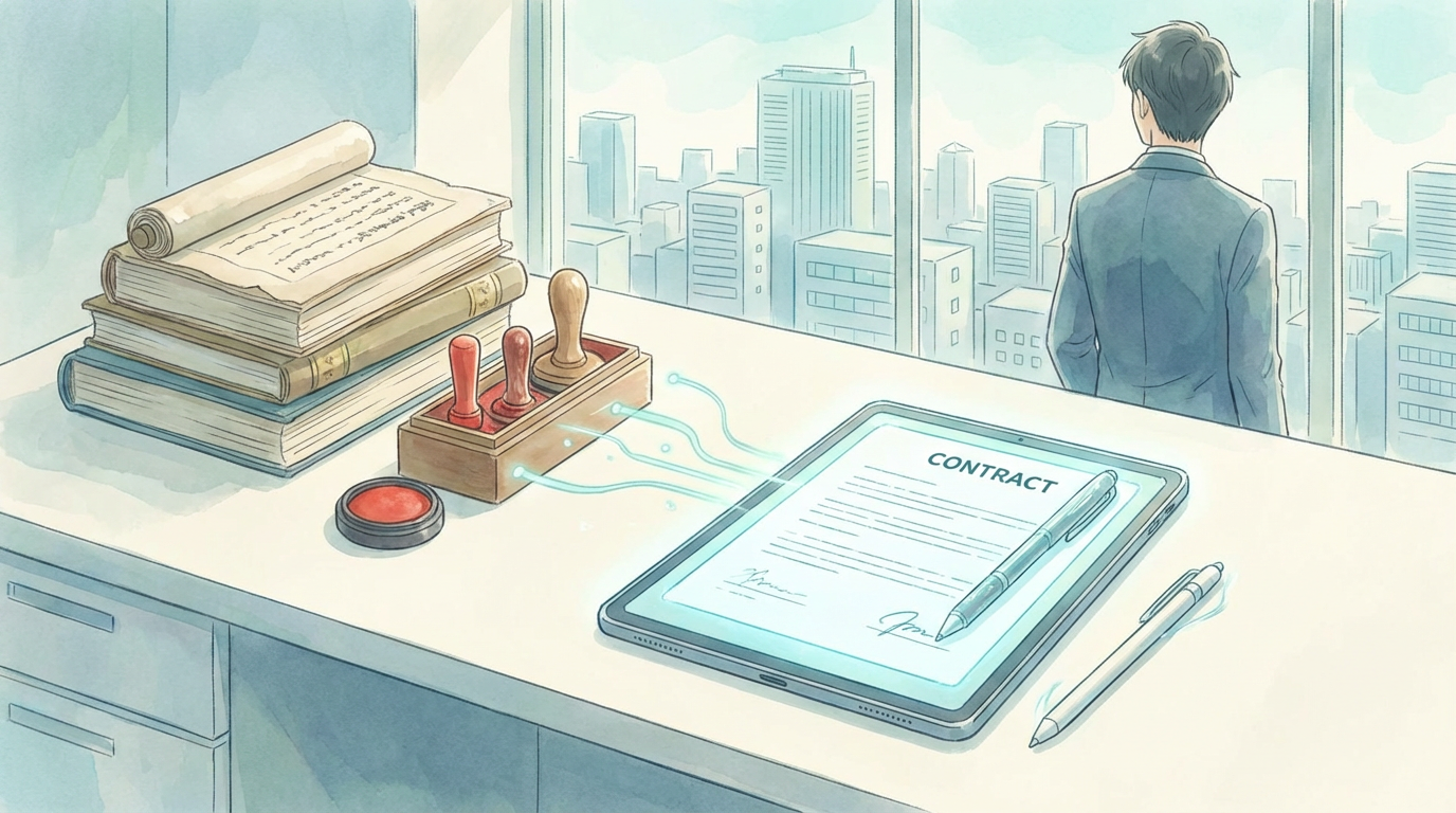 印鑑の重要性について、契約書や押印書類を確認しながら法的な意味を慎重に検討している法律相談の場面