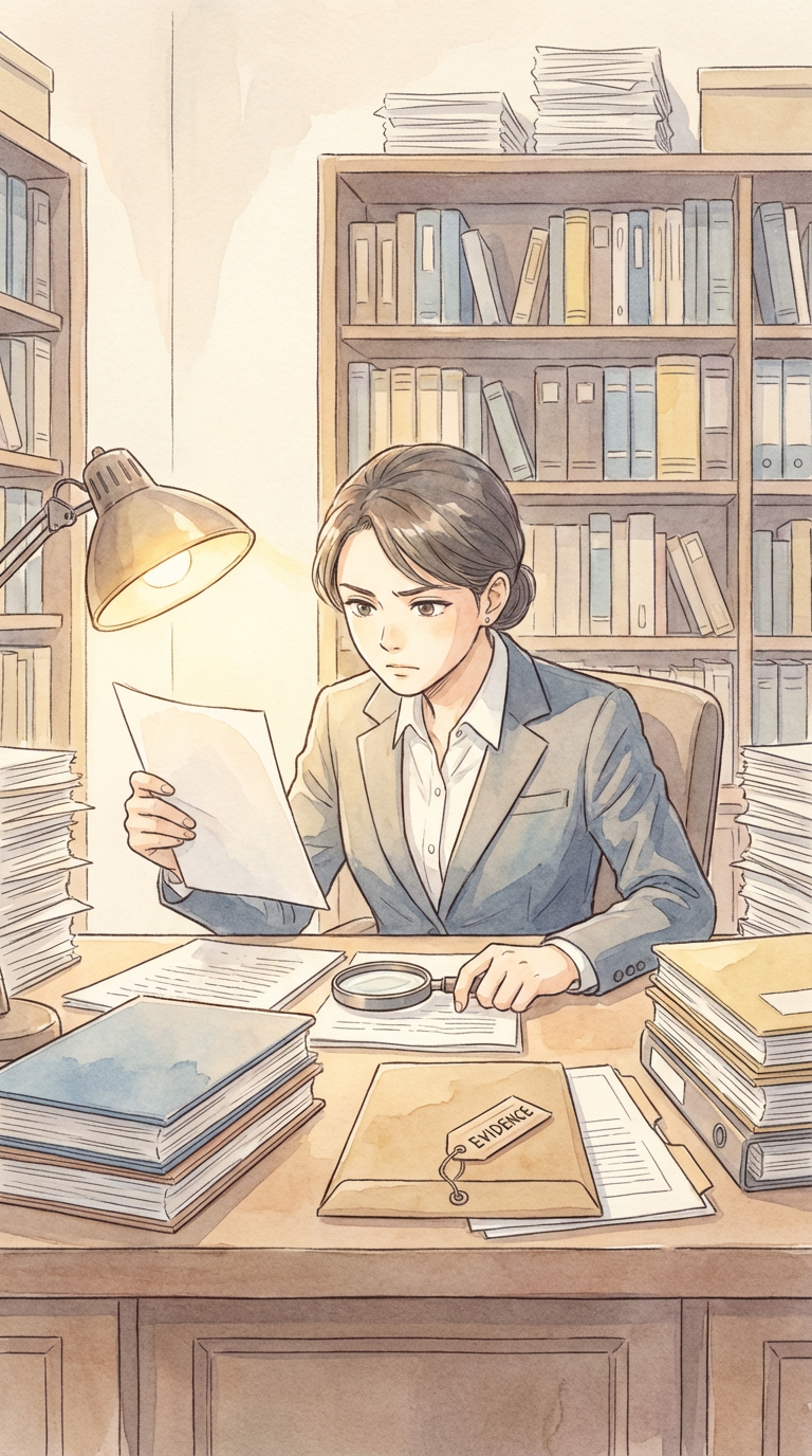 押印済み書類や印鑑を見ながら、印鑑の持つ法的な意味を整理している様子を表した挿絵