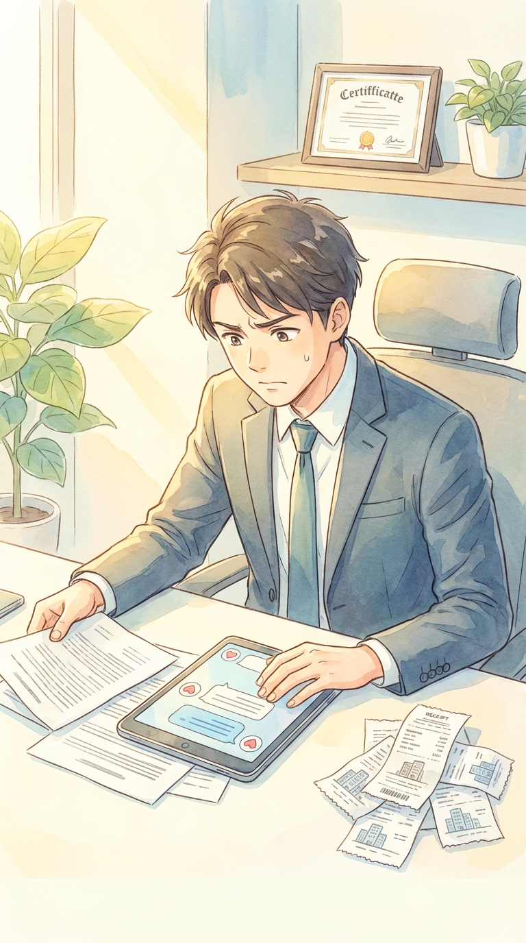 捜査資料や事件の流れを見ながら、コントロールド・デリバリーの意味を整理している様子を表した挿絵