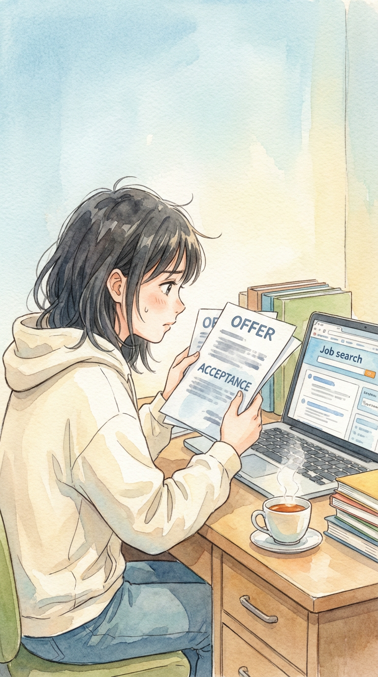 内定通知や提出書類を見ながら、内定辞退に関するルールを整理している様子を表した挿絵