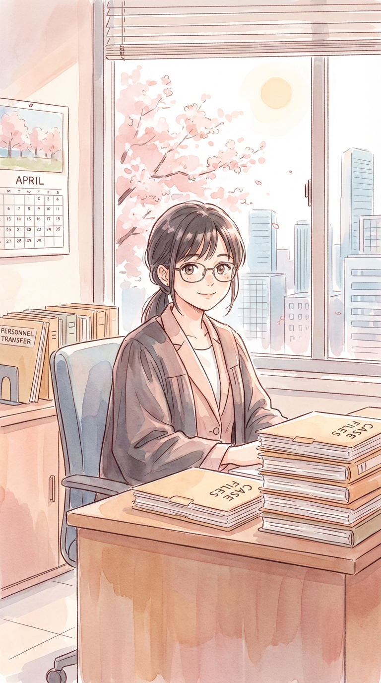 人事異動の引継資料や訴訟記録を見ながら、対応の流れを整理している様子を表した挿絵