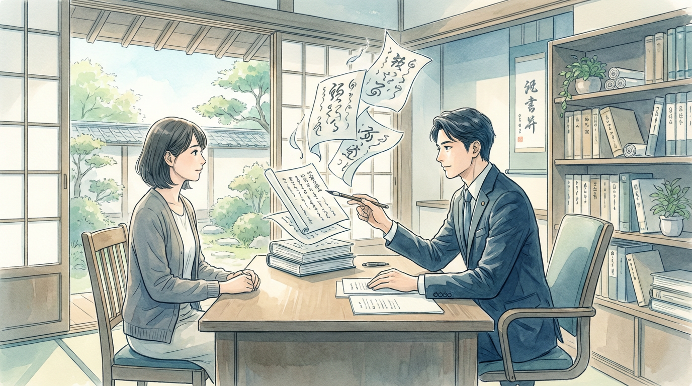 日本語の難しさと法律用語の落とし穴について、条文や言葉の意味を確認しながら慎重に検討している法律相談の場面