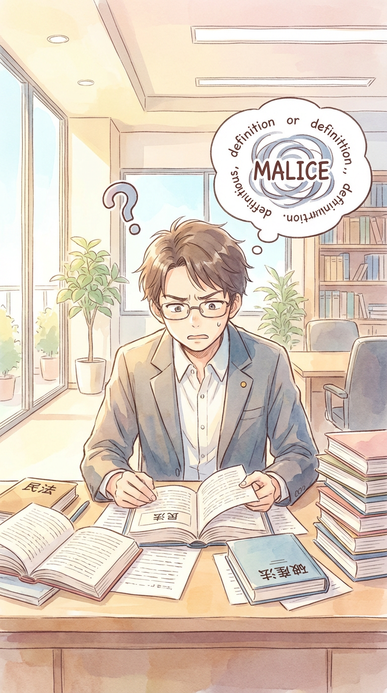 法律用語や日常用語の違いを資料で見比べながら、意味のずれを整理している様子を表した挿絵