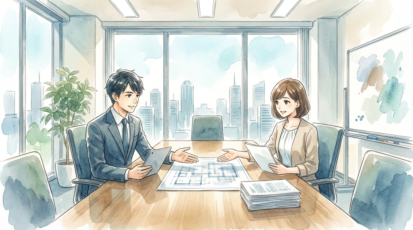 賃料増額請求や減額請求について、賃貸借契約書や周辺事情を確認しながら慎重に検討している法律相談の場面