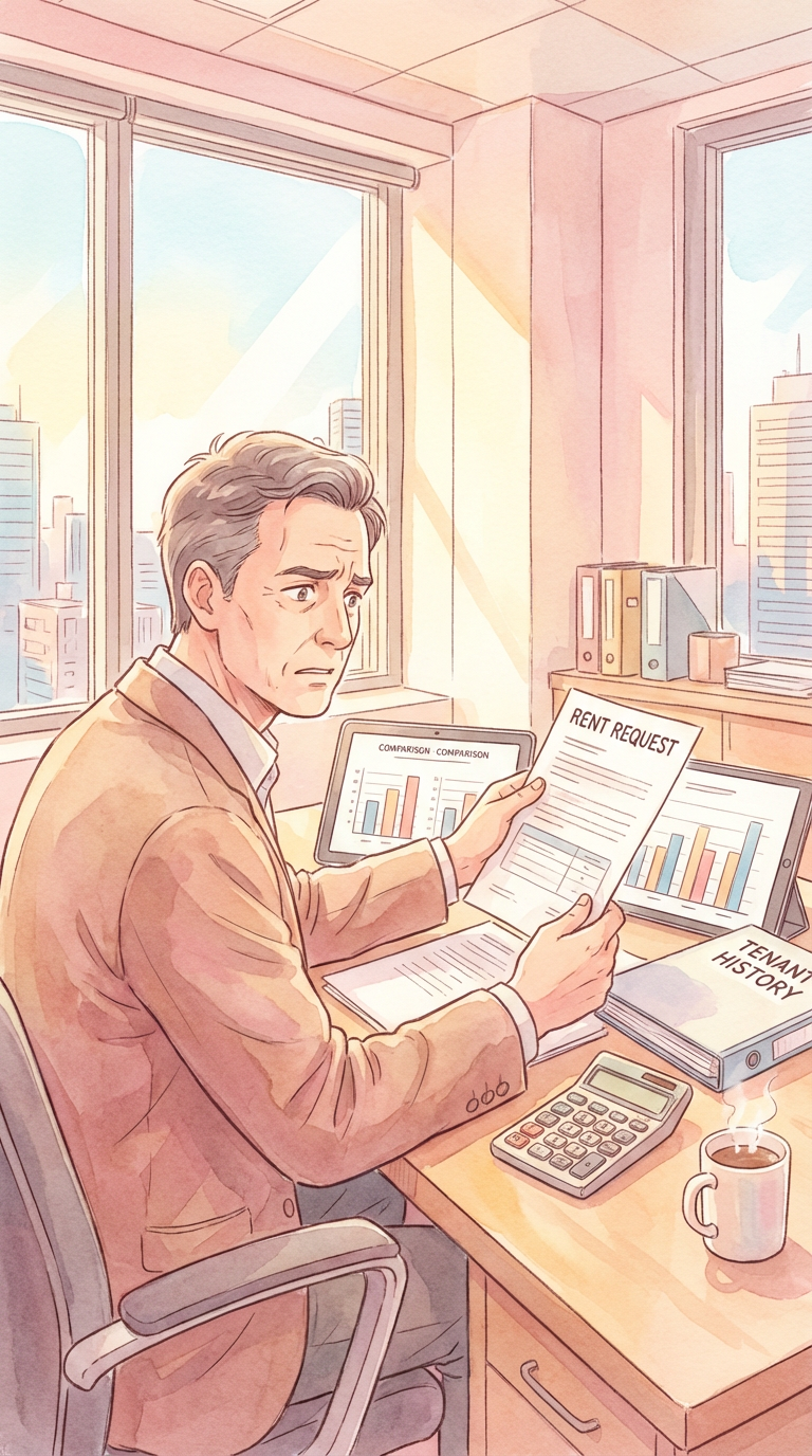 賃貸借契約書や賃料資料を見ながら、賃料増減額の考え方を整理している様子を表した挿絵