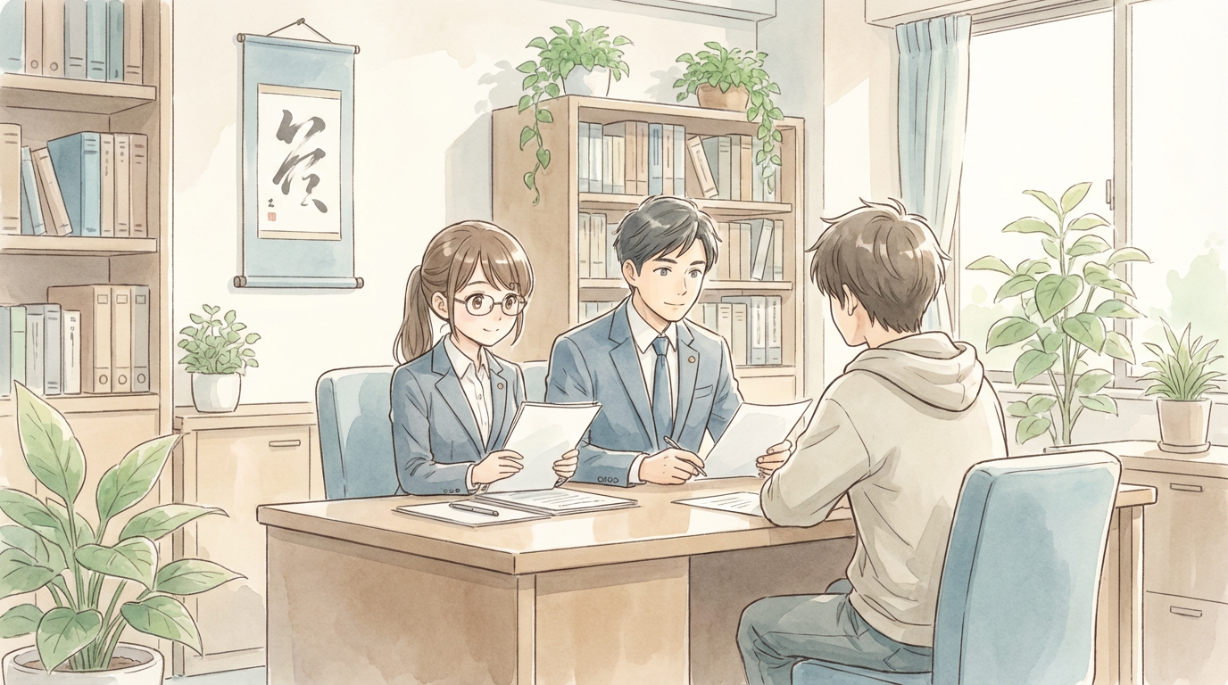 事業譲渡と会社分割の違いについて、会社資料や手続の流れを確認しながら慎重に検討している法律相談の場面