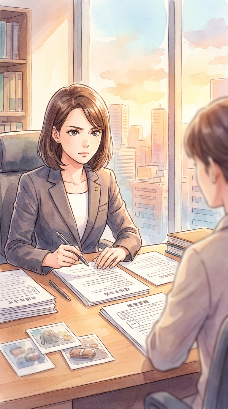 雇用契約や競業関係の資料を見ながら、引き抜き問題の法的論点を整理している様子を表した挿絵