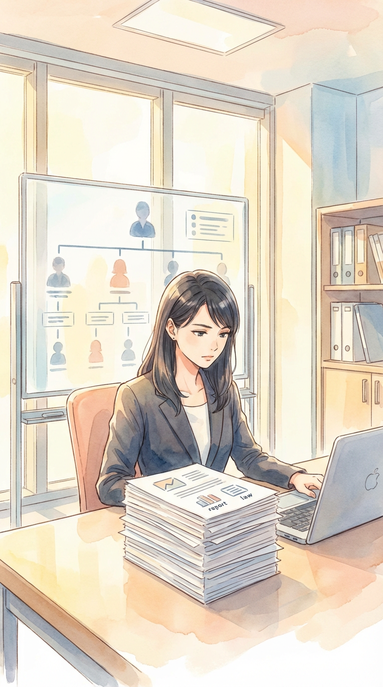 招集通知や議案資料を見ながら、株主総会の進め方を整理している様子を表した挿絵