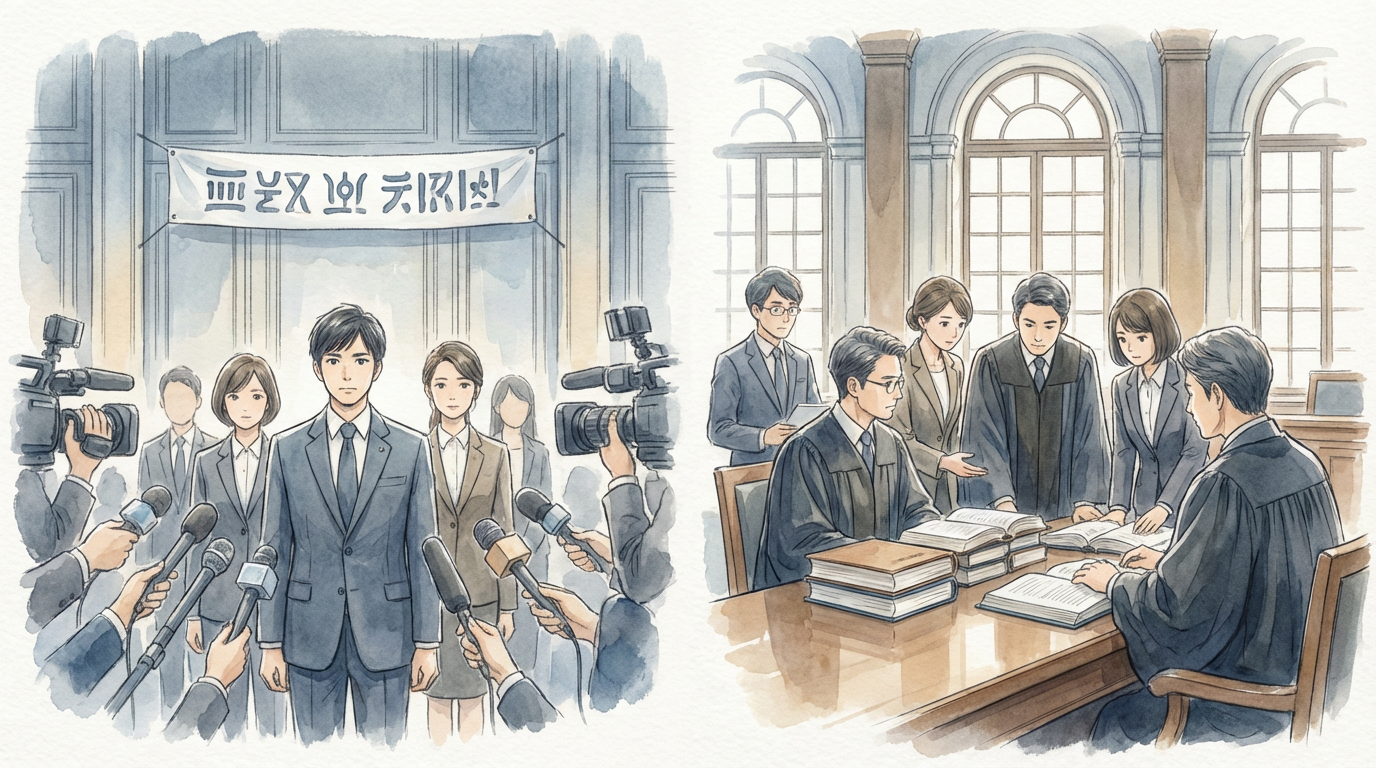 民事と刑事の違いについて、事件資料や手続の流れを比較しながら慎重に説明している法律相談の場面