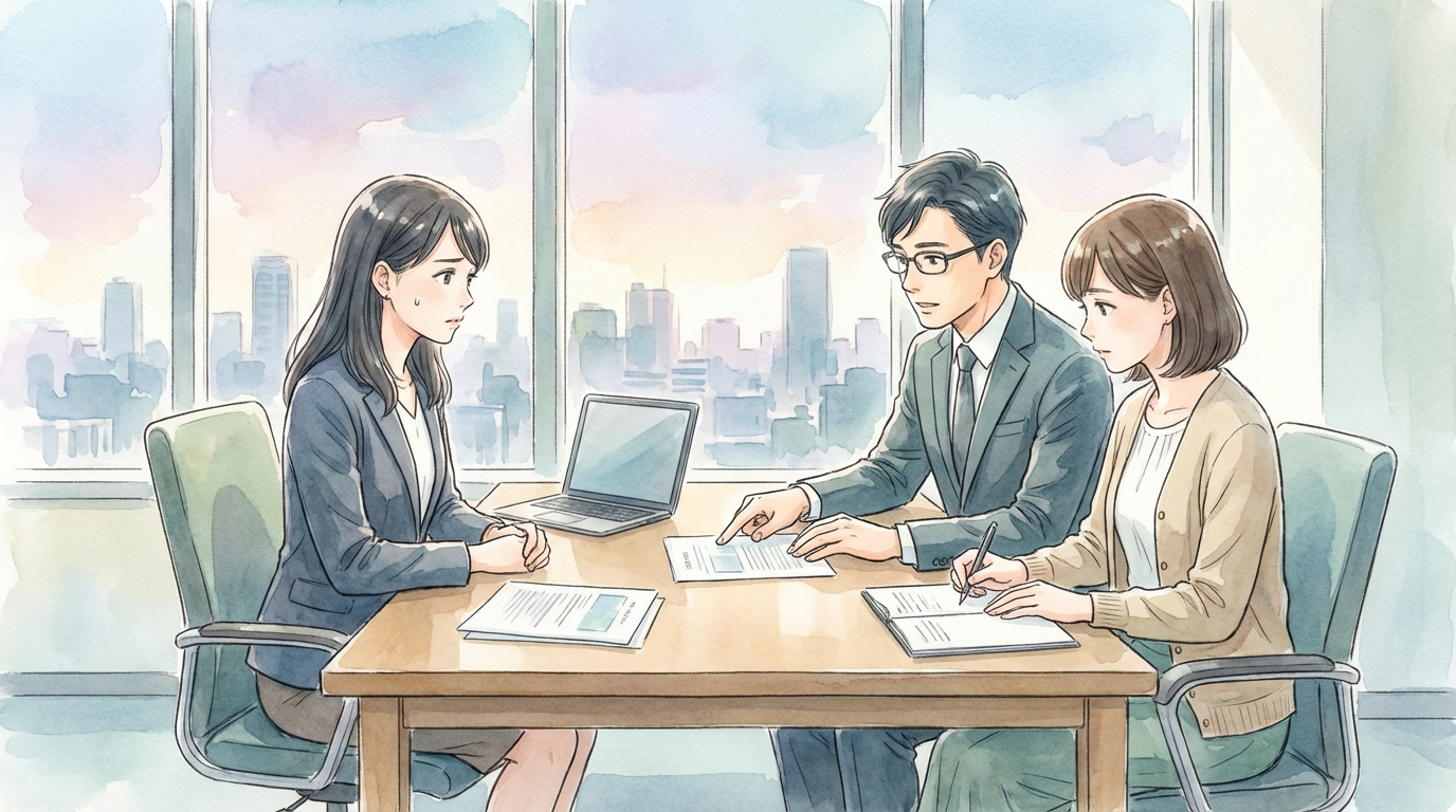 相続人同士の話し合いがまとまらない場面で、遺産分割の資料を確認しながら慎重に検討している法律相談の場面