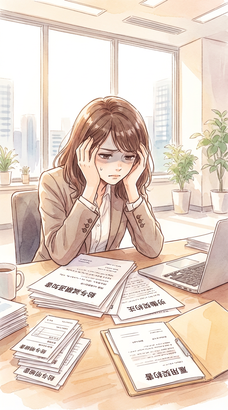 相続関係図や遺産資料を見ながら、遺産分割の進め方を整理している様子を表した挿絵