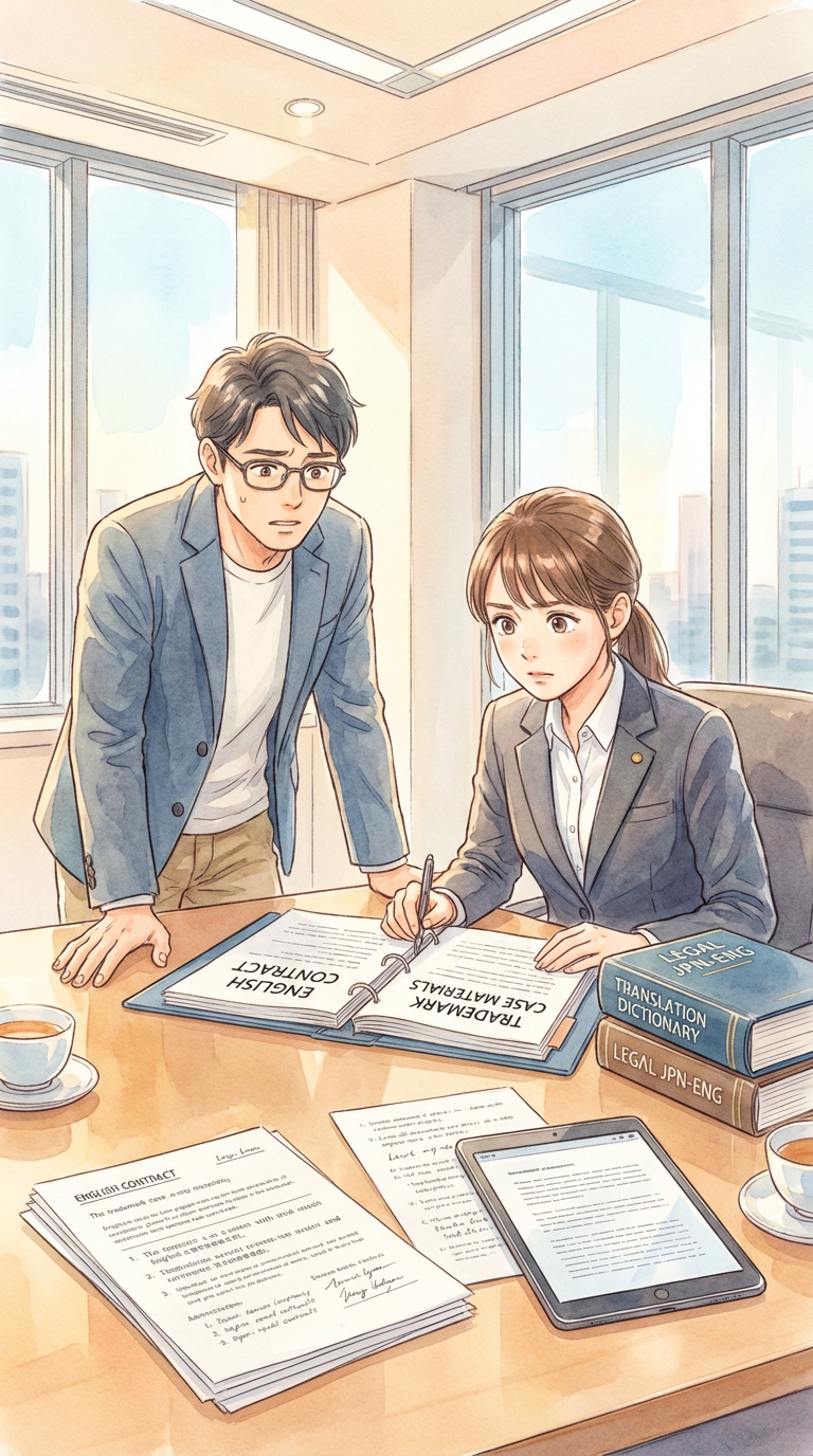 証拠資料やメッセージ記録を見ながら、事実の立証方法を整理している様子を表した挿絵