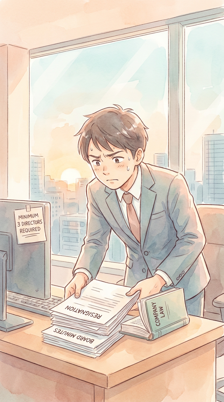 就業規則や通知文書を見ながら、会社とのトラブル対応を整理している様子を表した挿絵