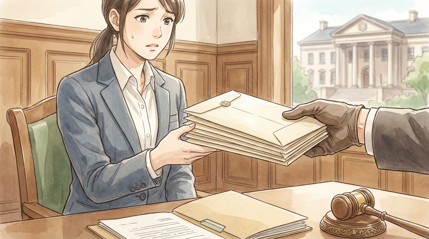 労働問題への対応について、勤務記録や会社資料を確認しながら慎重に検討している法律相談の場面