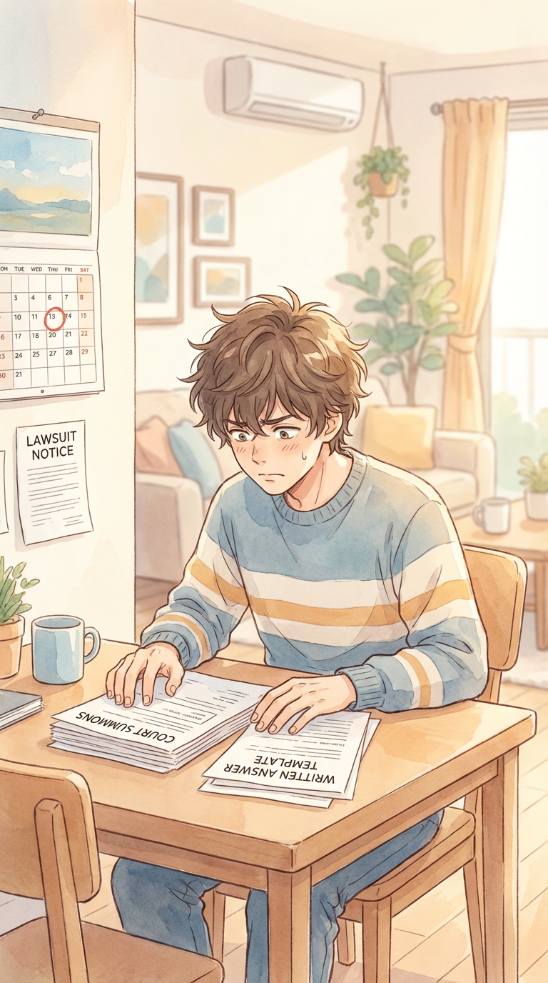 勤務記録や会社資料を見ながら、労働問題への対応を整理している様子を表した挿絵