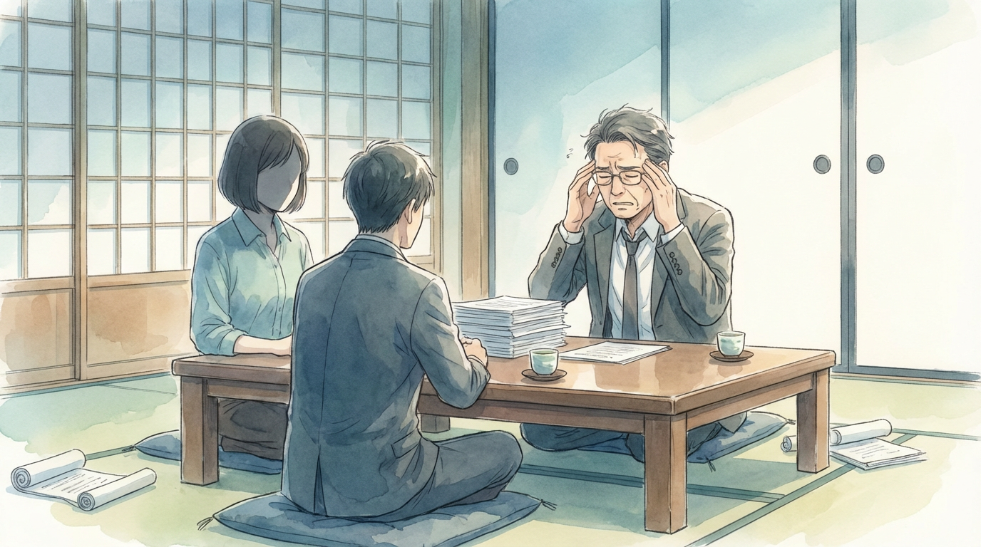 刑事事件の示談について、被害者対応や示談成立までの難しさを資料で確認しながら慎重に検討している法律相談の場面