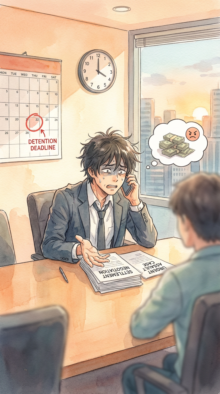 示談交渉の流れや被害者側との調整資料を見ながら、刑事事件の示談の進め方を整理している様子を表した挿絵