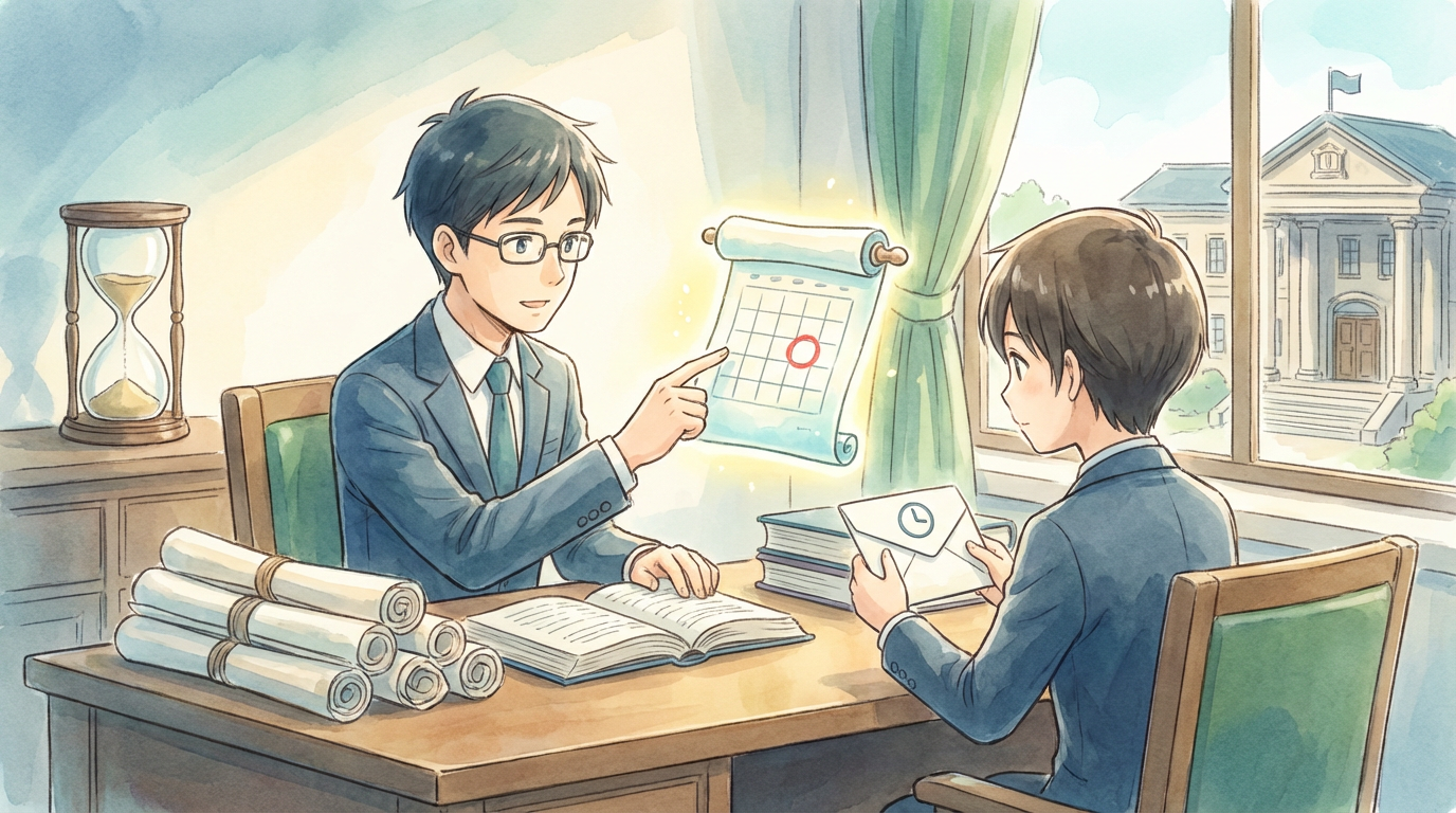 通知書等での期限設定について、内容証明や請求資料を確認しながら妥当な回答期限を慎重に検討している法律相談の場面